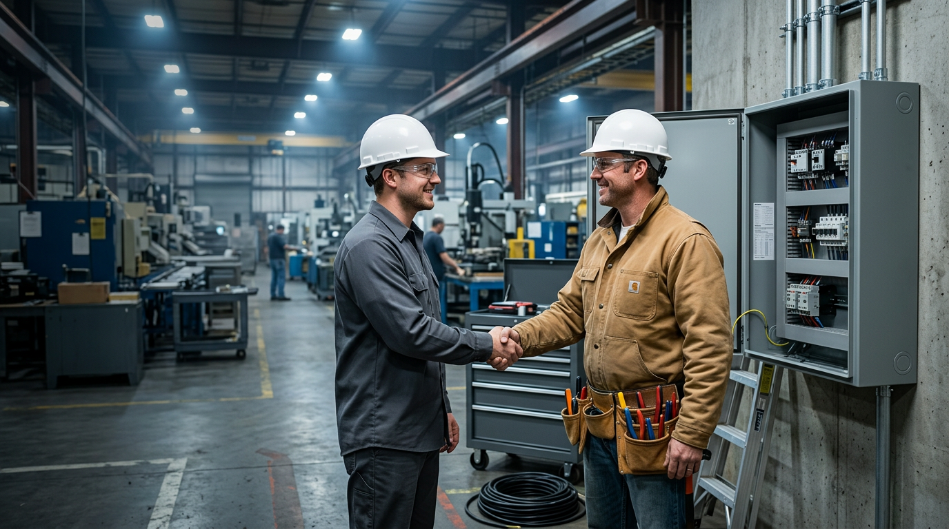 Two workers in hard hats shaking hands beside an open wall-mounted control panel on a factory floor