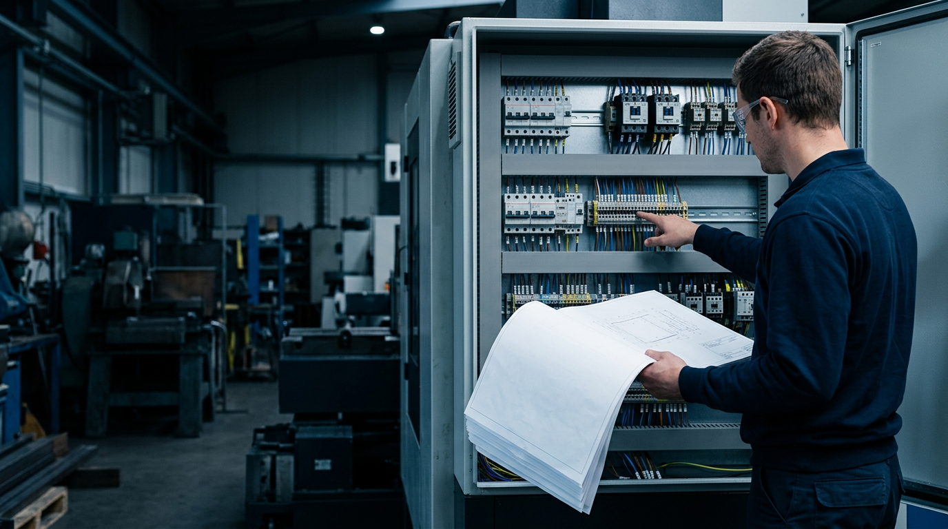 An engineer holding schematics and pointing at the wiring inside an open control cabinet