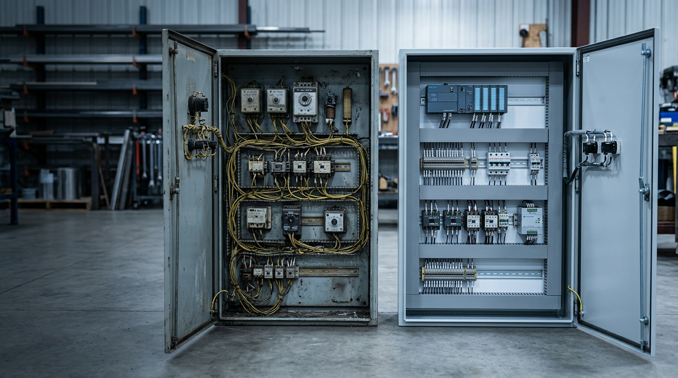 An older open control cabinet with tangled yellow wiring beside a new cabinet with neatly arranged PLCs, breakers and labeled terminal blocks