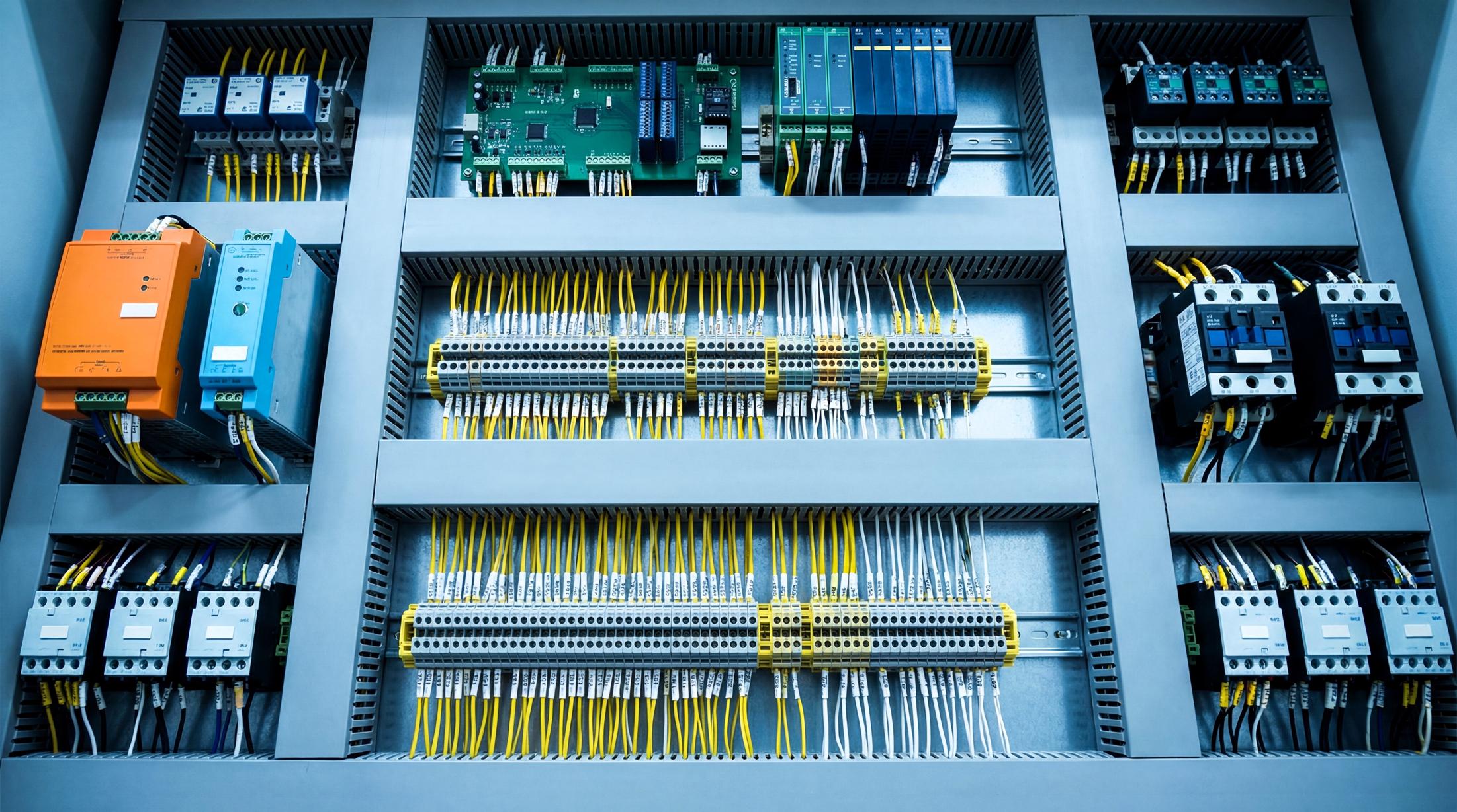 Interior of a control cabinet with rows of terminal blocks, yellow and white wiring, relays, and PLC modules