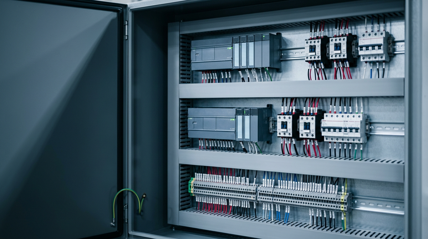Open control cabinet with PLCs, contactors and labeled terminal blocks wired in red, blue, black and yellow