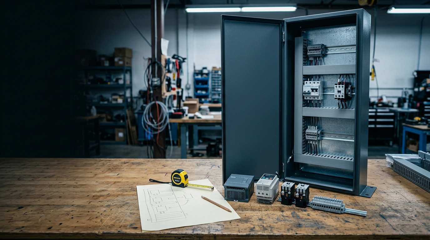 An open control cabinet on a shop bench beside a panel drawing, tape measure and loose components ready to install