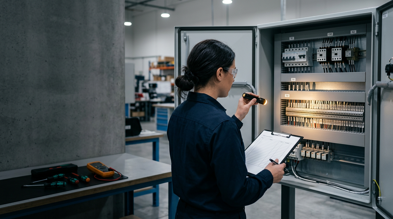 A technician with safety glasses inspecting a labeled control panel with a flashlight and clipboard