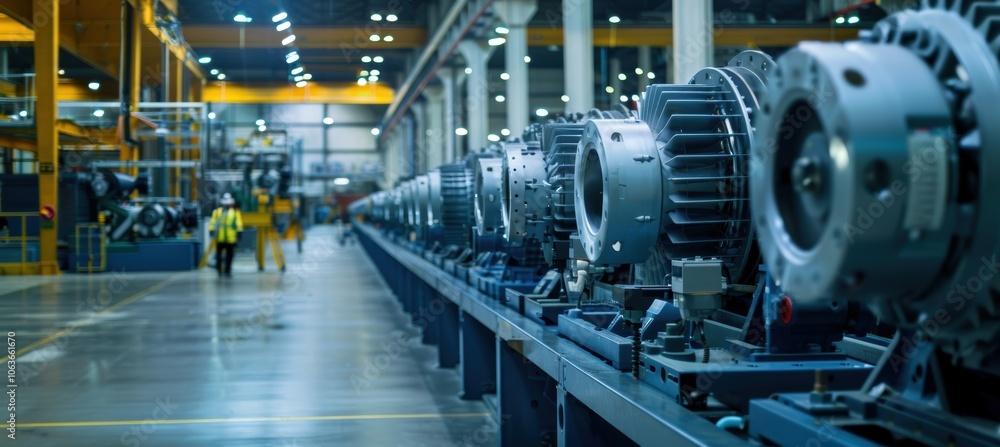 A row of industrial motors along a factory production line, with a worker in a high-visibility vest in the aisle