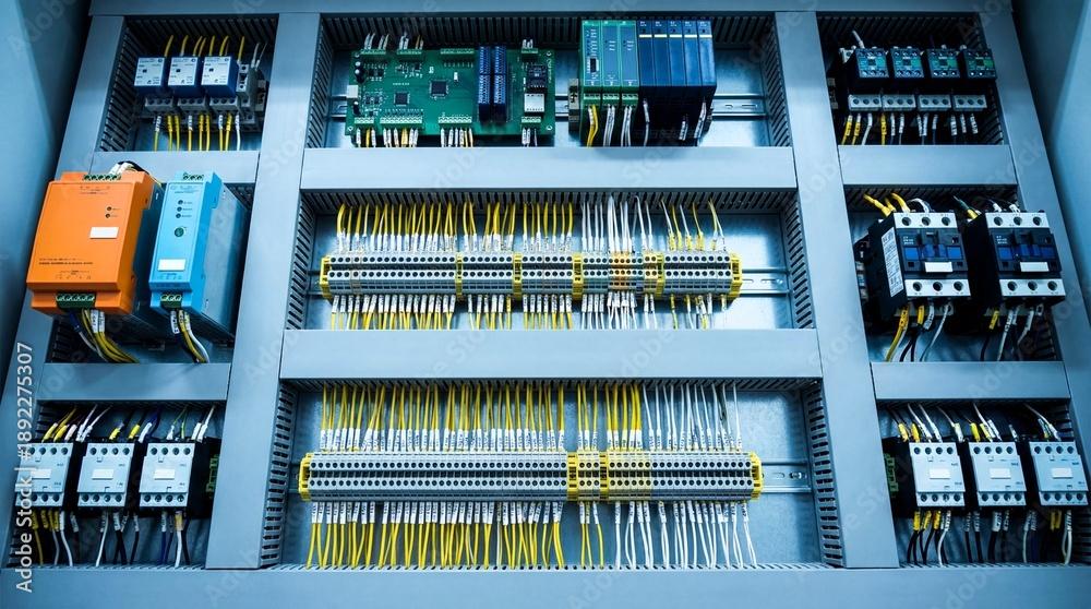 Close-up of a control cabinet interior: terminal blocks with yellow and white wiring, relays, and a circuit board